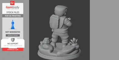 3D model of a character with a backpack, standing on a themed base with rocks and plants.