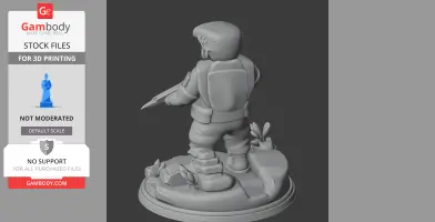 Diver figure with a spear on a detailed base with rocks and plants, viewed from behind.