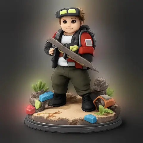 3D model of Bancho Dave, a diver character standing on a base with rocks and plants, holding a large knife.