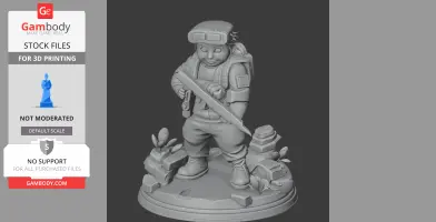 A 3D model of a diver character holding a sword, standing on a rocky base with plants.