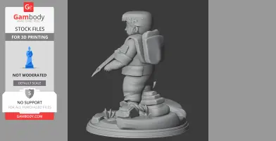3D model of a cartoonish diver with a backpack and knife, standing on a rocky base with plants.