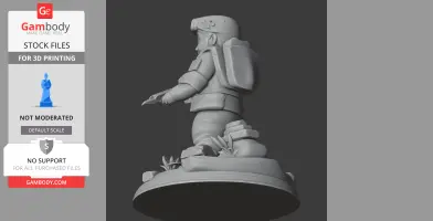 3D model of a diver figure with backpack, plants, and rocks, on a textured round base.