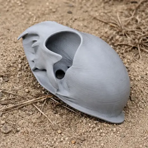 3D printed replica of a Pallas's cat skull, resting on a sandy surface.