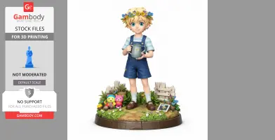 Young character with flower crown, blue overalls, holding watering can, standing in garden setting.