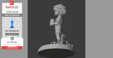 3D model of a child figure holding a jar, standing on a base with plants and a small fence.