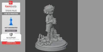 A 3D figure of a child holding a pot, standing among plants and toys on a decorated base.