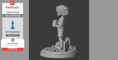 Character figure with spiky hair holding a jar, standing on a detailed base with plants and small objects.