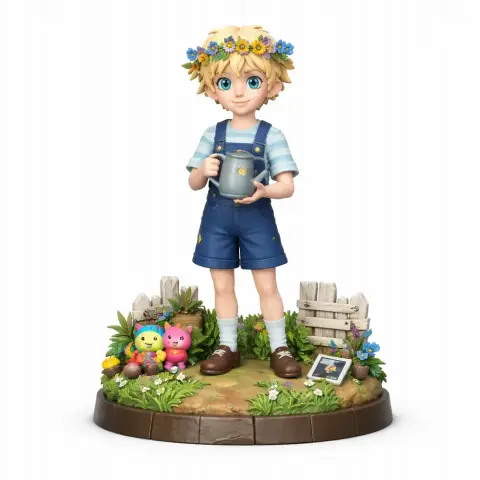 Young character in overalls with a flower crown, holding an object, surrounded by toys and a garden scene.