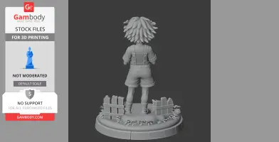 A 3D model of a child with layered hair, wearing shorts, standing by a fence on a base.
