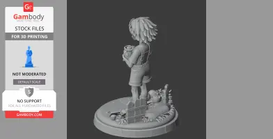A 3D model of a character with layered hair holding a pot, standing on a garden-themed base with plants.