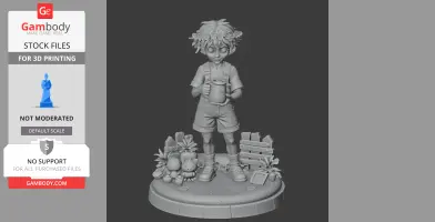3D model of a character with a flower crown, holding a watering can, surrounded by plants and wooden fence.