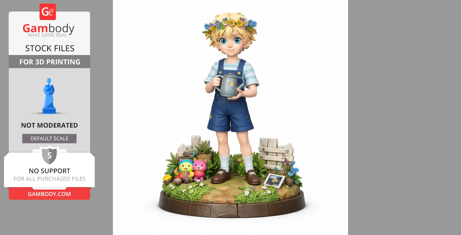 Young character with flower crown, blue overalls, holding watering can, standing in garden setting.