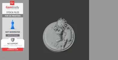 A 3D model of a character with spiky hair, holding an object, standing on a detailed round base with foliage.