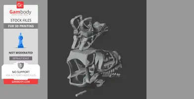 3D model of a dinosaur skull with intricate structure, intended for 3D printing.