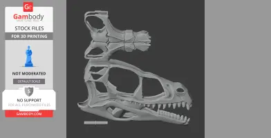 Dinosaur skull replica STL file for 3D printing, side view, labeled 'Gambody Stock Files'.