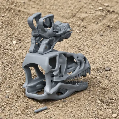 3D printed Panphagia dinosaur skull replica on sandy ground, featuring detailed skeletal structure.