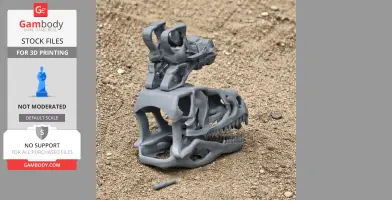 3D-printed gray Panphagia skull model on sandy ground, featuring detailed structure and teeth.