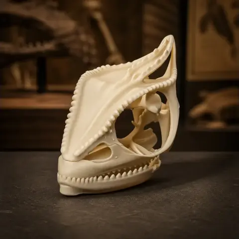 3D-printed panther chameleon skull replica, intricately detailed and ivory-colored, displayed on a table.