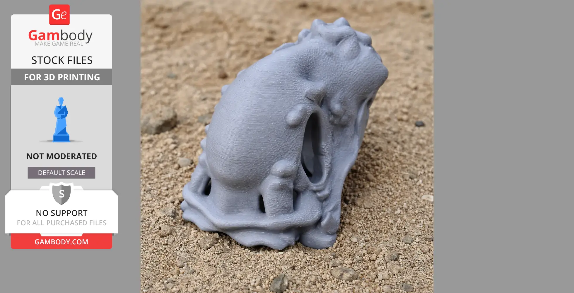A 3D-printed Papiliovenator skull replica on sandy ground.