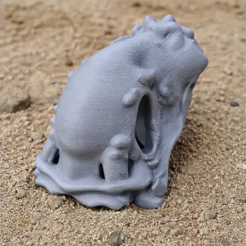 Gray 3D-printed Papiliovenator skull replica resting on sandy terrain.