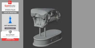 3D model of a Paraiguanodon skull on a display stand, ready for 3D printing.