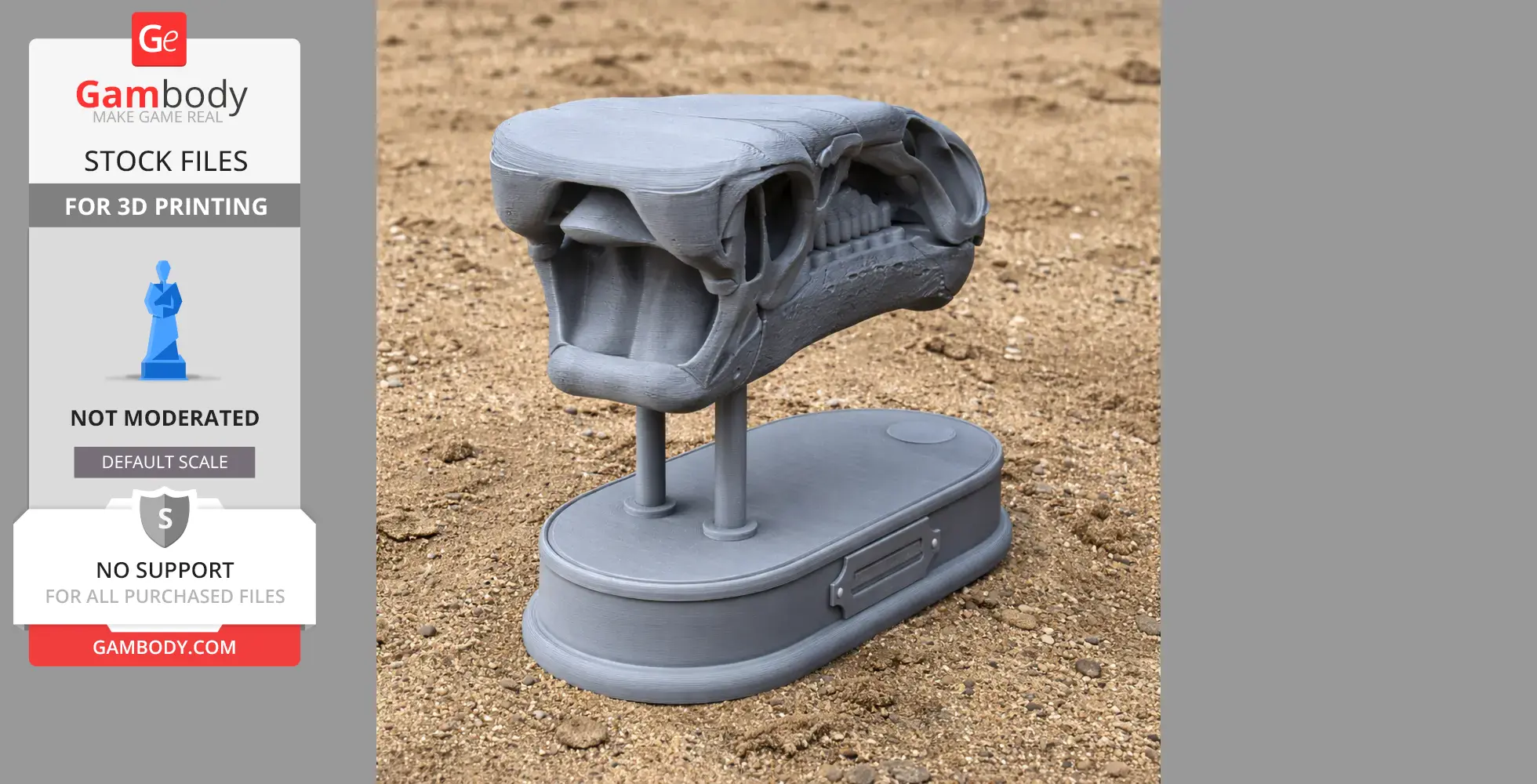 3D printed skull replica on a base, displayed on sandy ground.