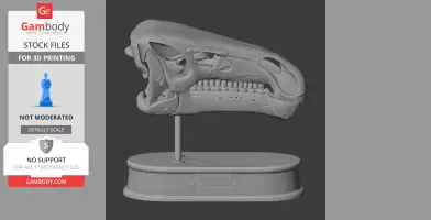 3D model of a Paraiguanodon skull replica on a stand, designed for 3D printing.