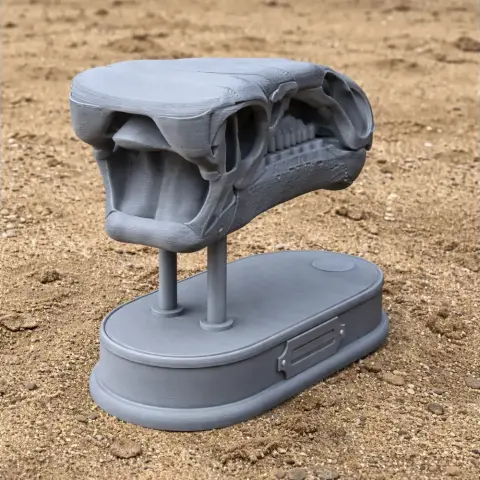 3D printed Paraiguanodon skull model on a display stand, set on a textured surface.