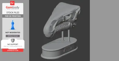 3D model of a Paraiguanodon skull on a display stand, designed for 3D printing.