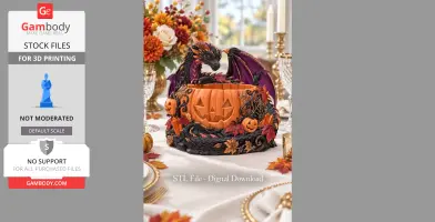 A detailed STL model of a dragon perched on a pumpkin bowl with Halloween motifs and autumn leaves.