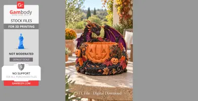 A dragon with purple wings sits on a carved pumpkin bowl decorated with autumn leaves and smaller pumpkins.
