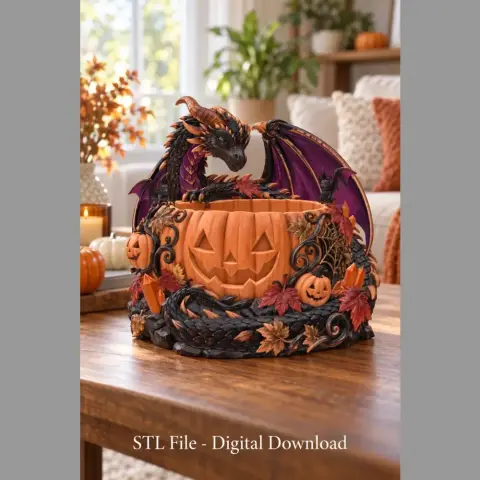 A dragon perched on a carved pumpkin bowl, decorated with autumn leaves and small pumpkins.