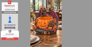 A detailed Halloween-themed bowl with a pumpkin face, surrounded by a dragon and autumn leaves.