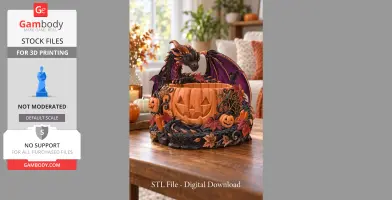 A detailed 3D model of a dragon with wings perched on a carved pumpkin bowl, adorned with autumn leaves.