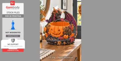 A dragon perched on a Jack-o'-lantern bowl adorned with leaves and bats, designed for 3D printing.