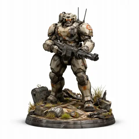 A detailed armored mech figure with gun, standing on a battle-damaged terrain base.
