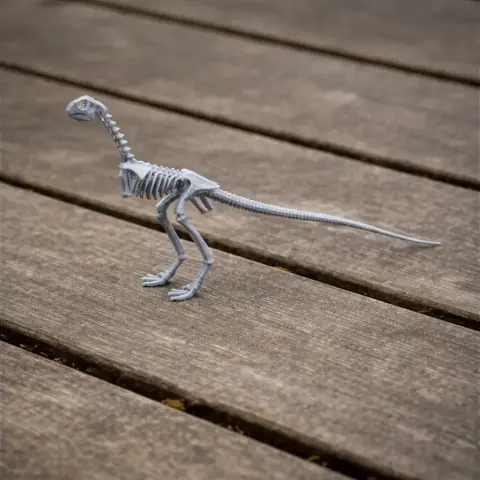 3D printed skeletal model of a small dinosaur, Anabisetia, on a wooden surface.