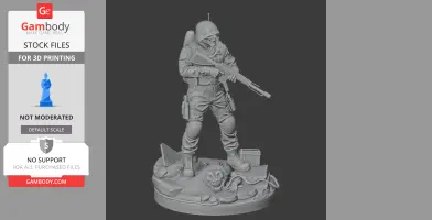 Armored character holding a rifle, standing on a detailed base with creature and debris elements.