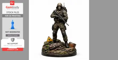 Armored character with rifle, hood, and mask on rocky base with a sign. From STALKER 2 game.