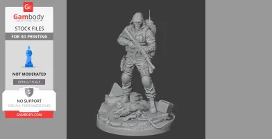 Armored figure with a hood and rifle stands on a base, surrounded by debris and snarling creature.