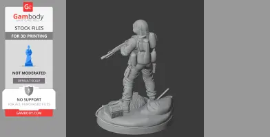 A 3D model of an armored character holding a weapon, standing on a detailed circular base.