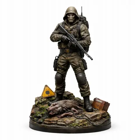Armed figure in tactical gear stands on a detailed base with a decayed animal and caution sign.