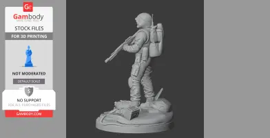 A soldier character in gear holds a rifle, standing on a detailed base with post-apocalyptic elements.