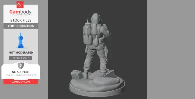 A 3D model of a character in a futuristic suit with a backpack, standing on a detailed circular base.