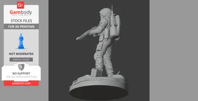 Armored character figure with a hood and weapon, standing on a detailed base for 3D printing.