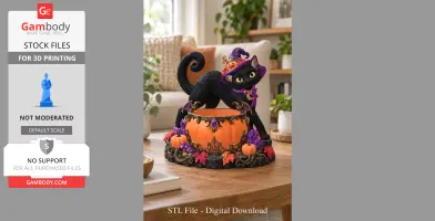 A black cat in a witch hat stands on a decorated pumpkin bowl, surrounded by autumn leaves and pumpkins.