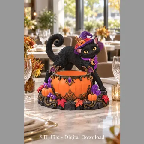 A black cat in a witch hat atop a decorated pumpkin bowl, surrounded by autumn leaves.