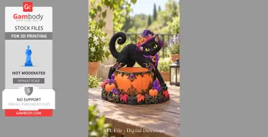 A black cat with a witch hat and purple accents stands on a decorative pumpkin bowl with autumn motifs.