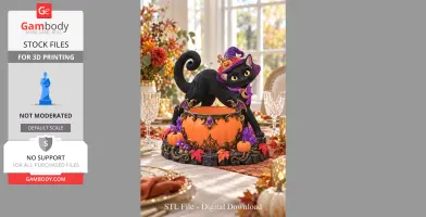 Black cat with a purple hat on a decorative Halloween pumpkin bowl, surrounded by autumn leaves.