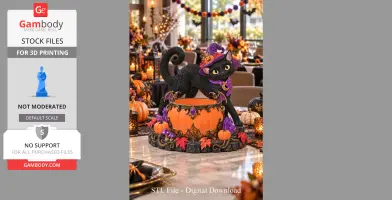 A Halloween-themed cat in a witch hat poses atop a decorative pumpkin bowl surrounded by festive decor.